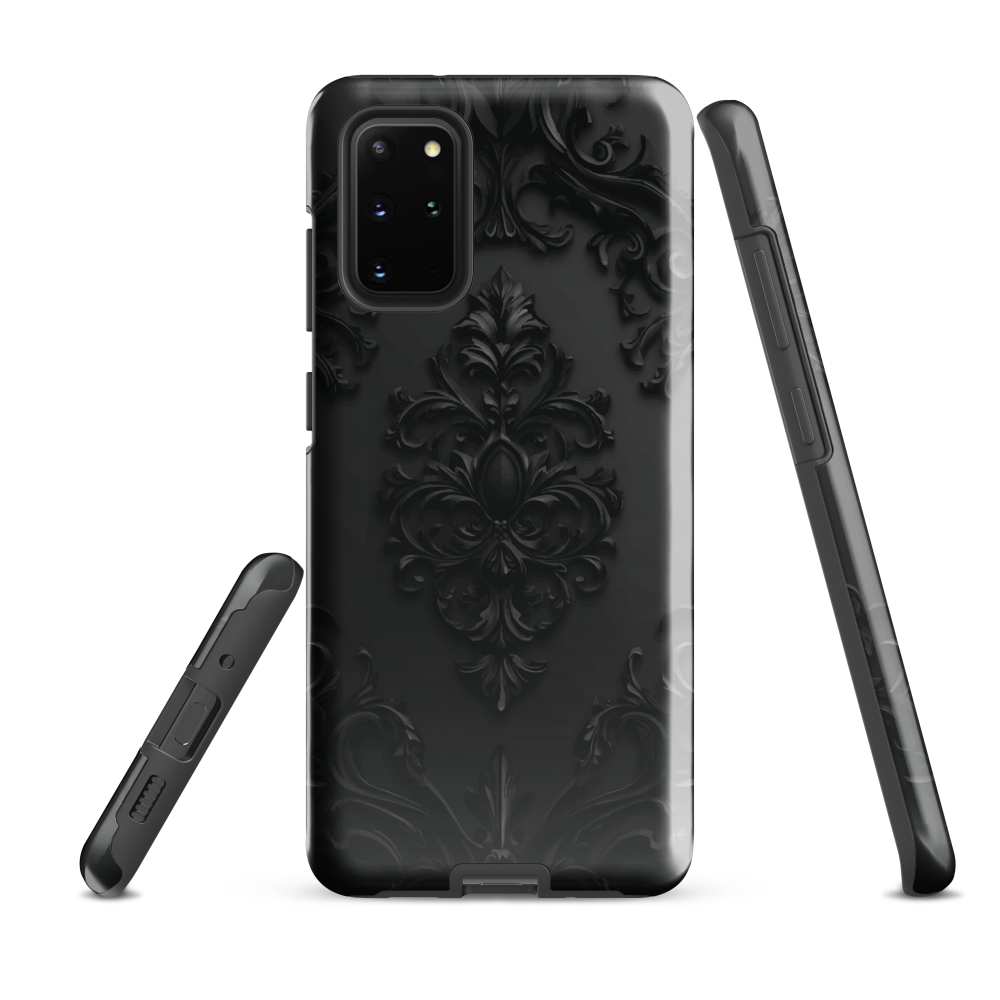 Black embossed damask phone case with gothic baroque pattern.