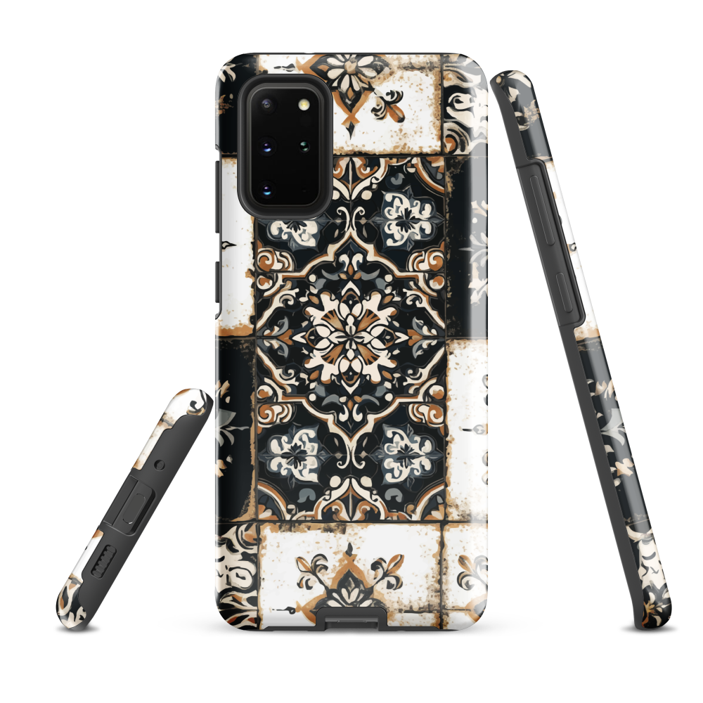 Moroccan tile pattern phone case in black, white, and gold tones with vintage-inspired design.