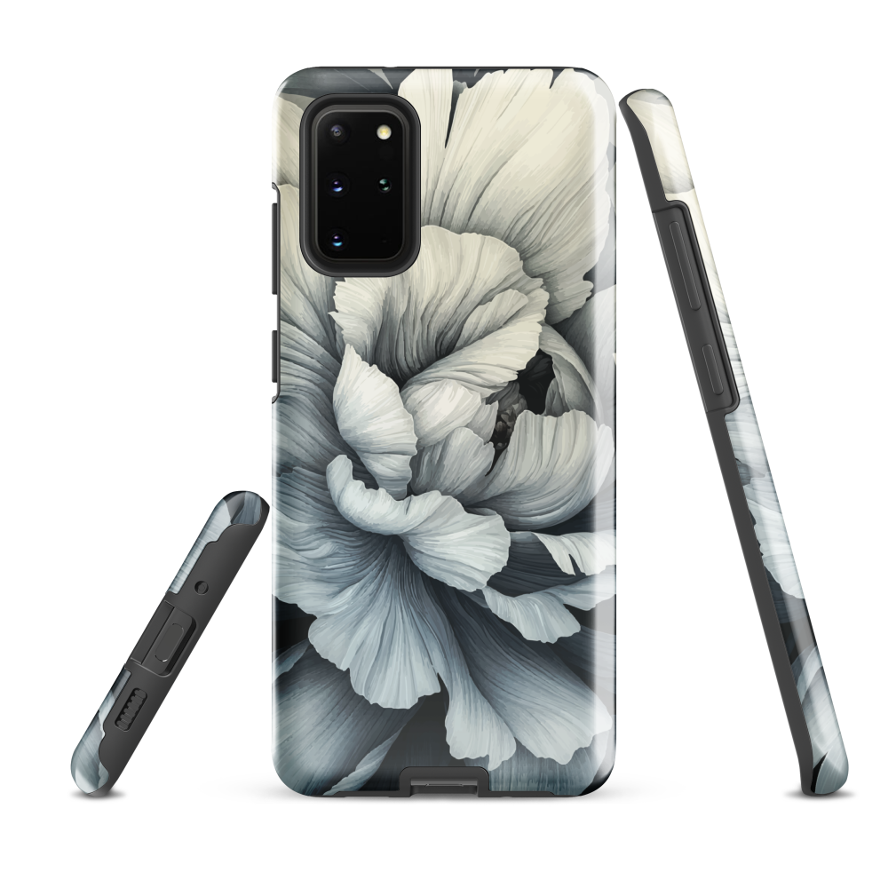 Black and white floral phone case featuring a soft, moody peony design by New Zealand artist Ben Hart.