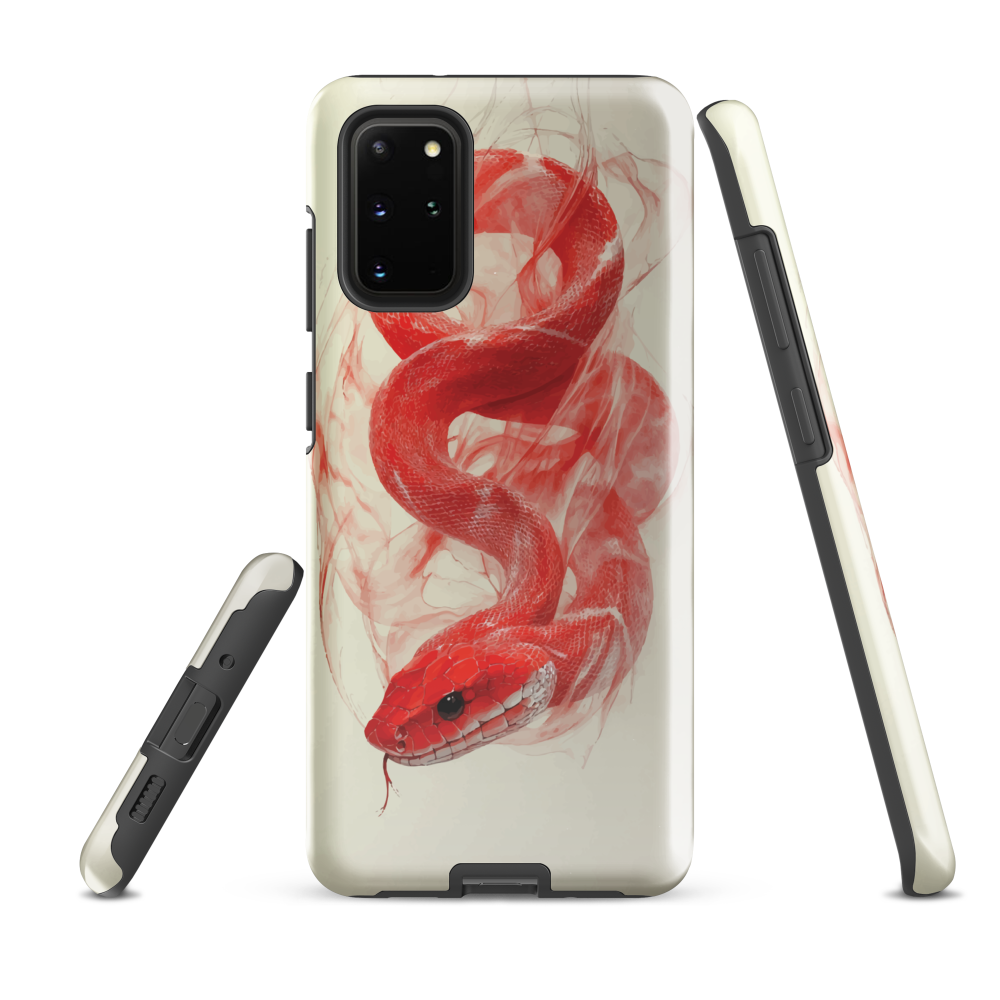 Phone case with red snake design on a cream background, coiled in smoky detail. Bold artwork by NZ designer Ben Hart.