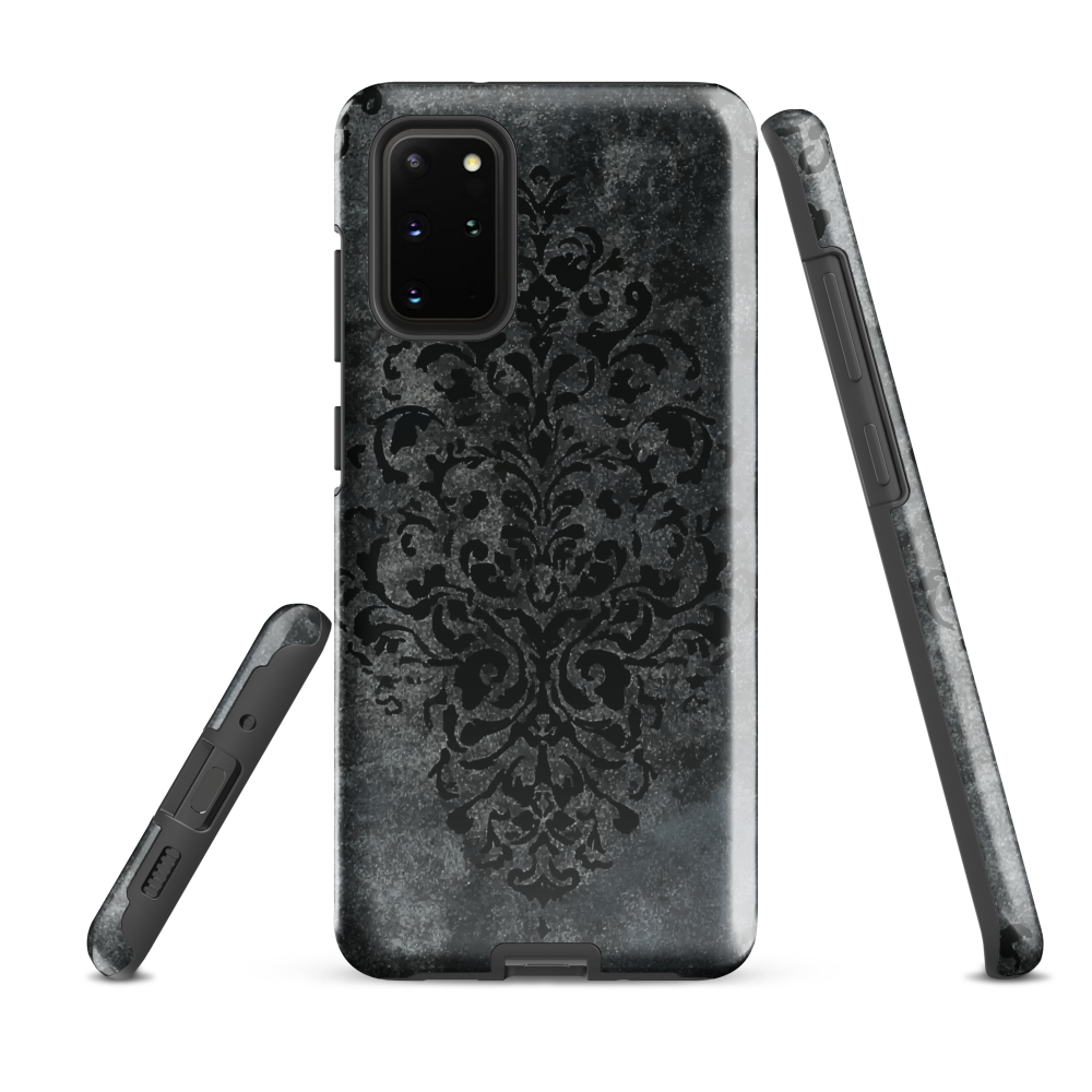 Dark damask patterned phone case with a vintage gothic aesthetic and textured stone background.