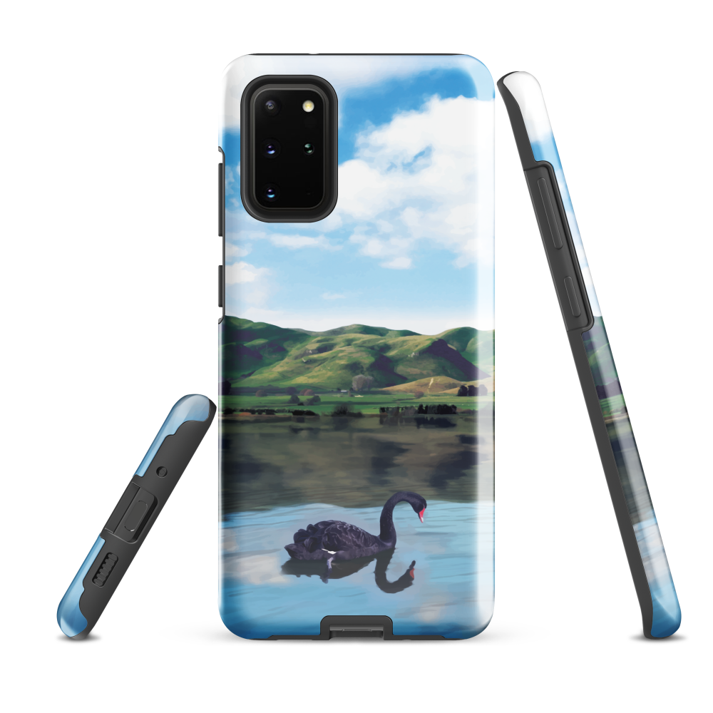 Phone case with a black swan on a calm lake, New Zealand hills in the background. Art by NZ designer Ben Hart.
