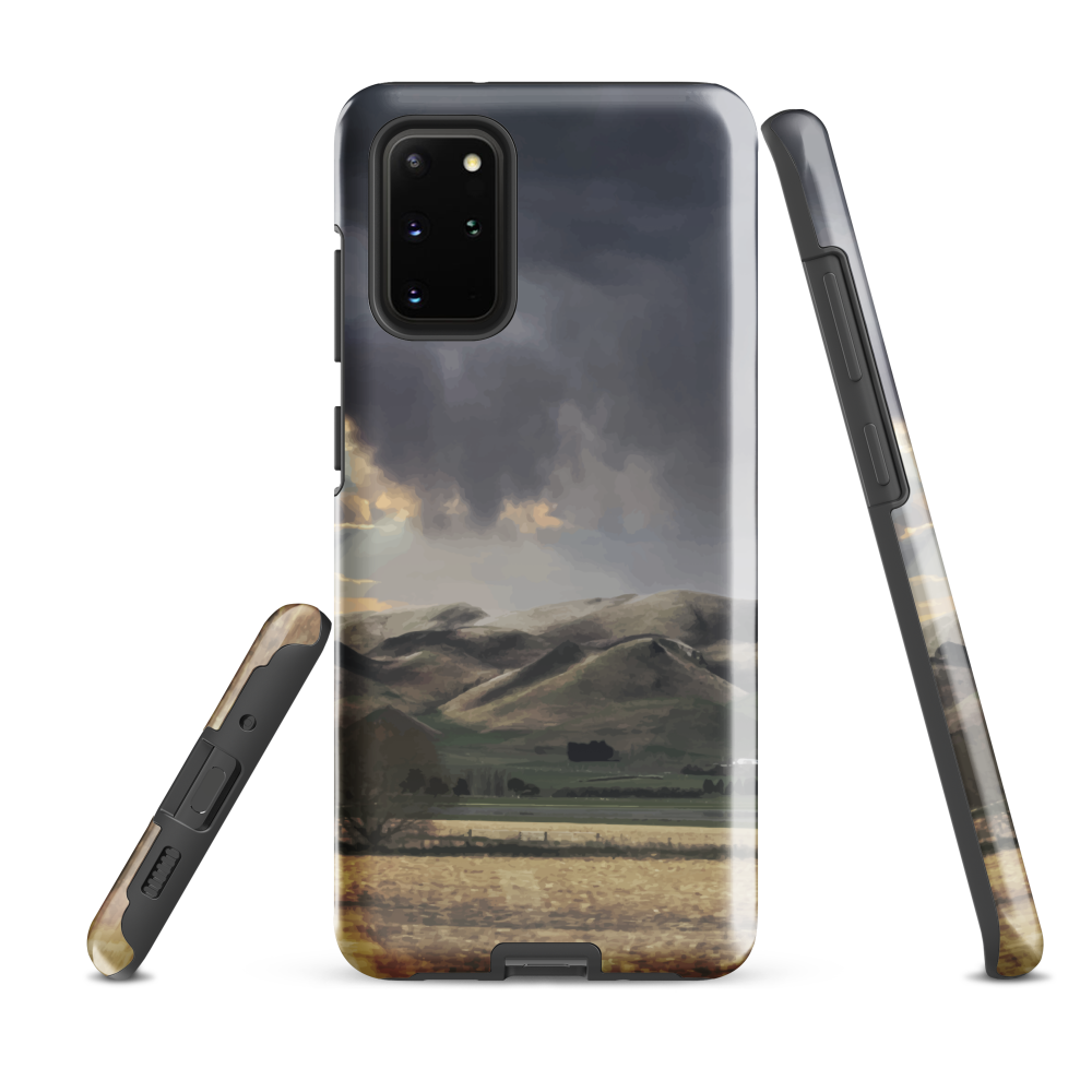 Designer phone case with NZ landscape painting of Te Hauke and cloudy skies by Ben Hart.