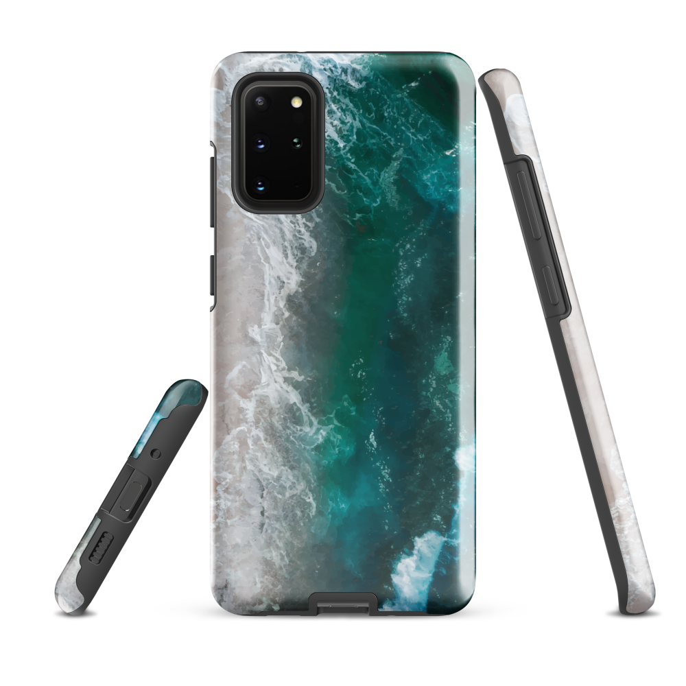 Ocean wave phone case with abstract beach design in teal and white, by NZ artist Ben Hart.