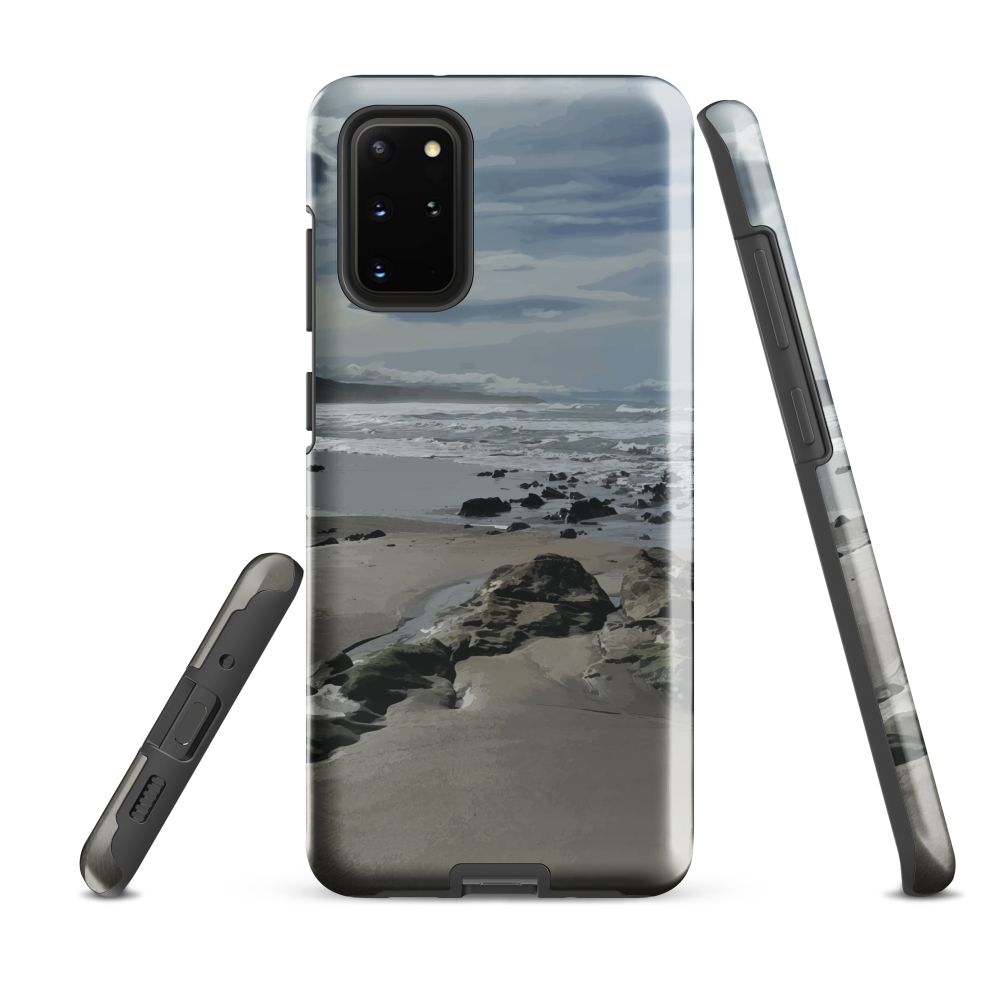 Phone case with artwork of Riversdale Beach, Masterton – rocks, waves and sky by NZ artist Ben Hart.