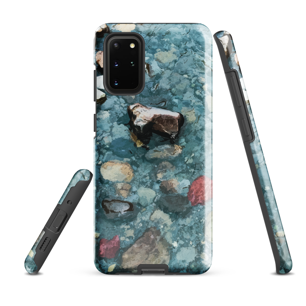 Washed Away designer phone case with abstract river stone artwork in earthy blues and natural tones.