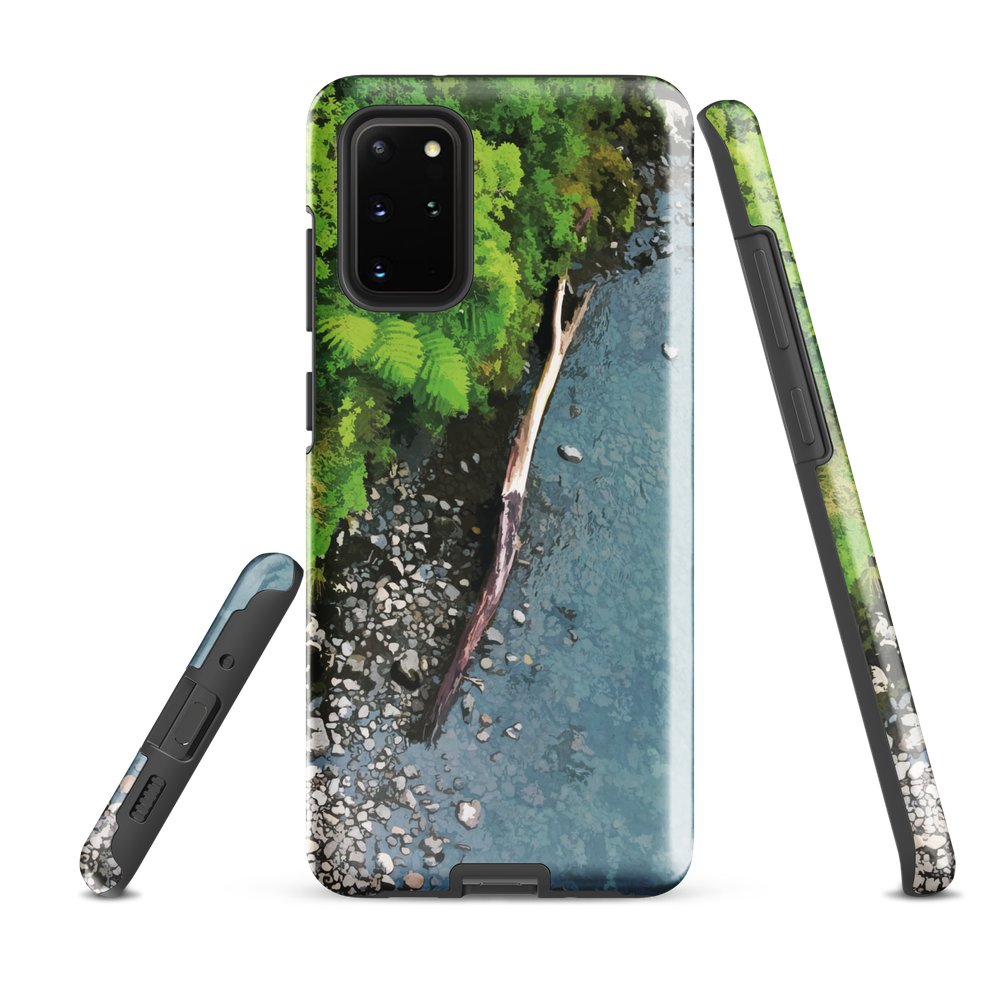Resting Place phone case with aerial artwork of river rocks, green bush, and driftwood in a New Zealand stream.
