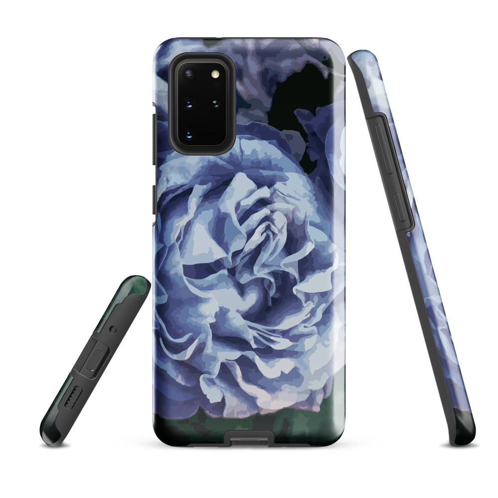 Designer phone case with a bold blue rose artwork and glossy finish.