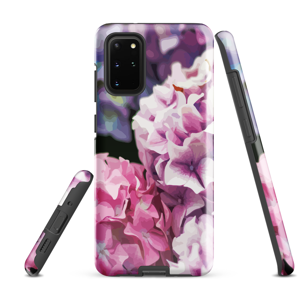 Designer phone case with pink and purple hydrangea floral artwork.