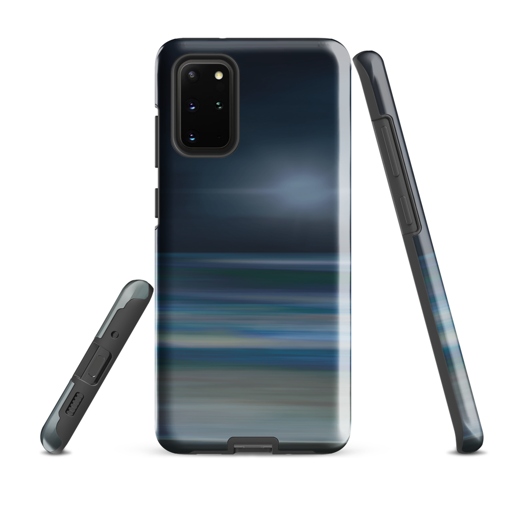 Dark abstract phone case with blue and grey streaks and glossy finish.