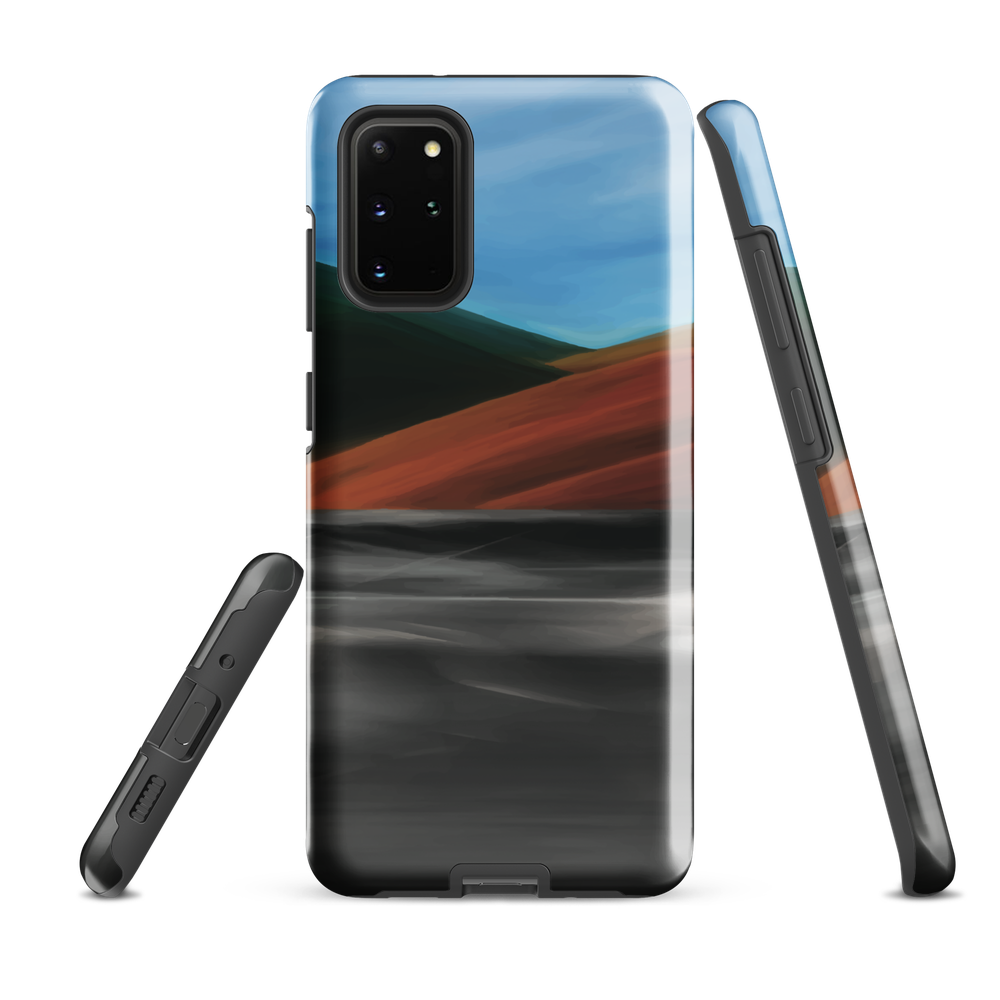 Phone case with abstract red, green, and blue heat wave landscape design.