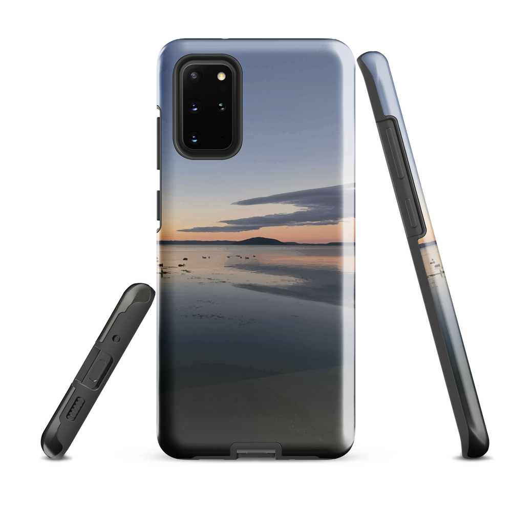 Phone case with tranquil lake scene at sunrise and distant hills.