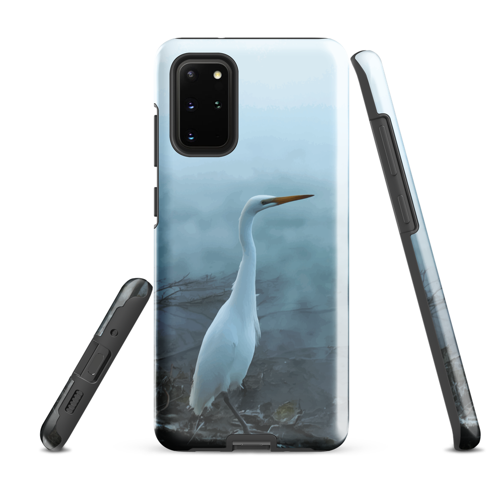 Phone case with a white heron standing in a misty wetland scene.