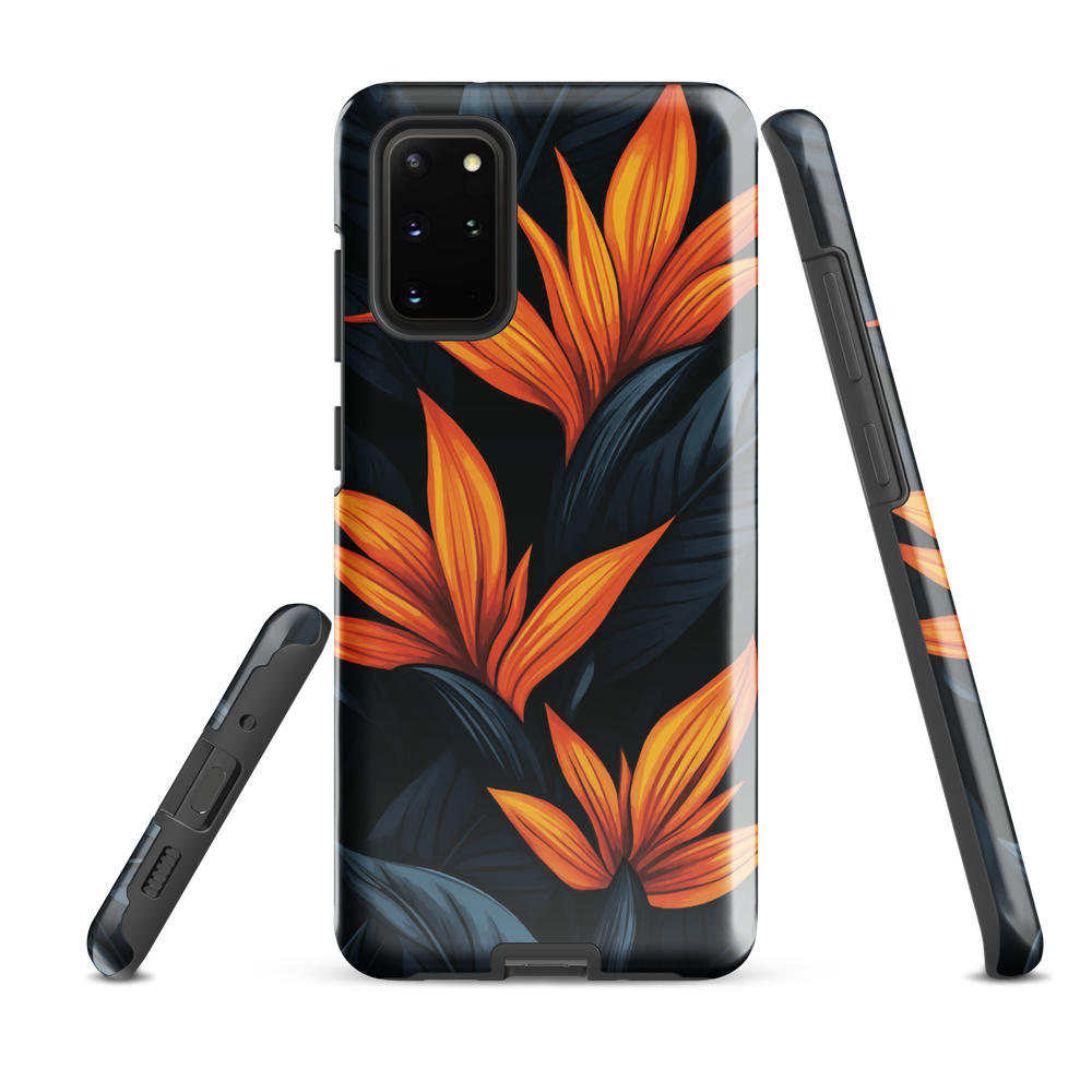 Phone case with bold orange bird of paradise flowers on dark background.