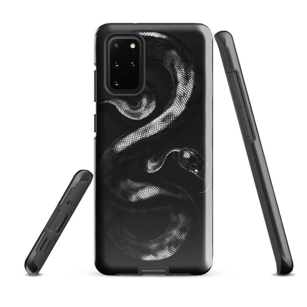 Phone case with detailed black python design on dark background.