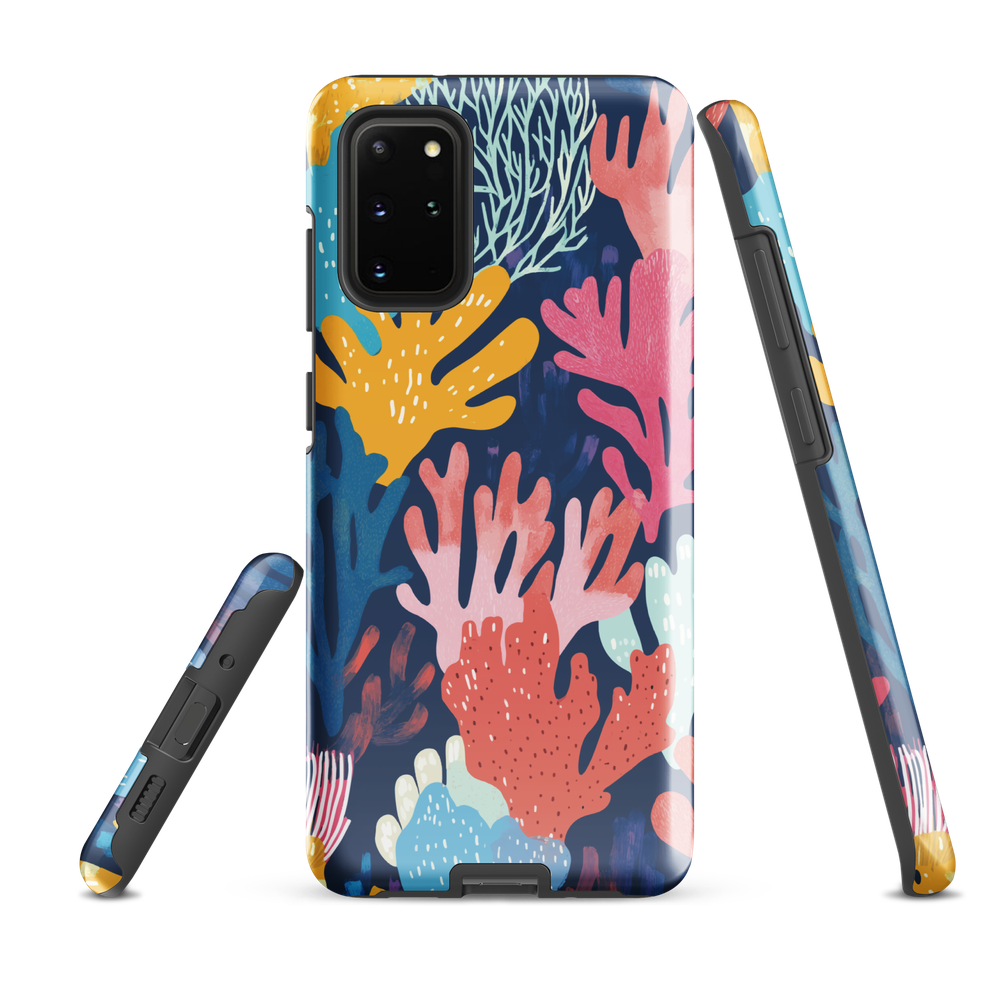 Colourful coral reef phone case design in pink, blue and yellow by NZ artist Ben Hart