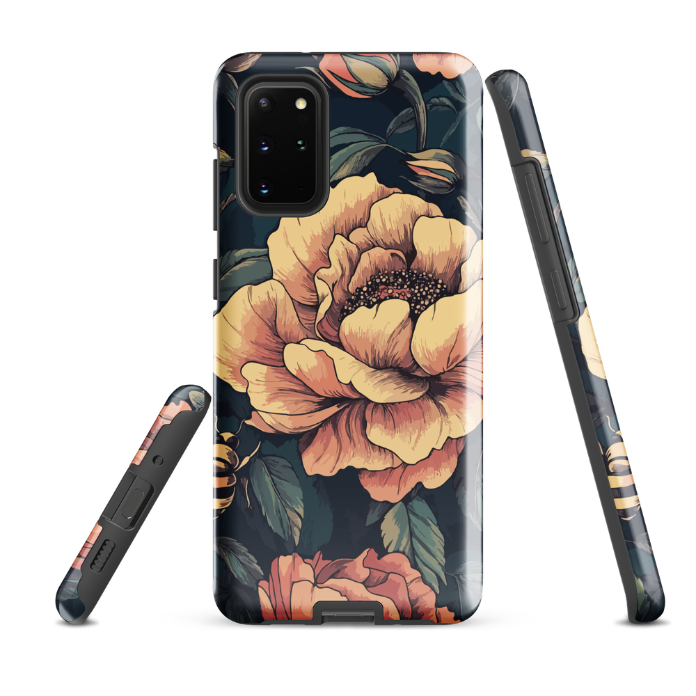 Phone case with vintage-style pink roses and bees on dark background, floral New Zealand artwork.