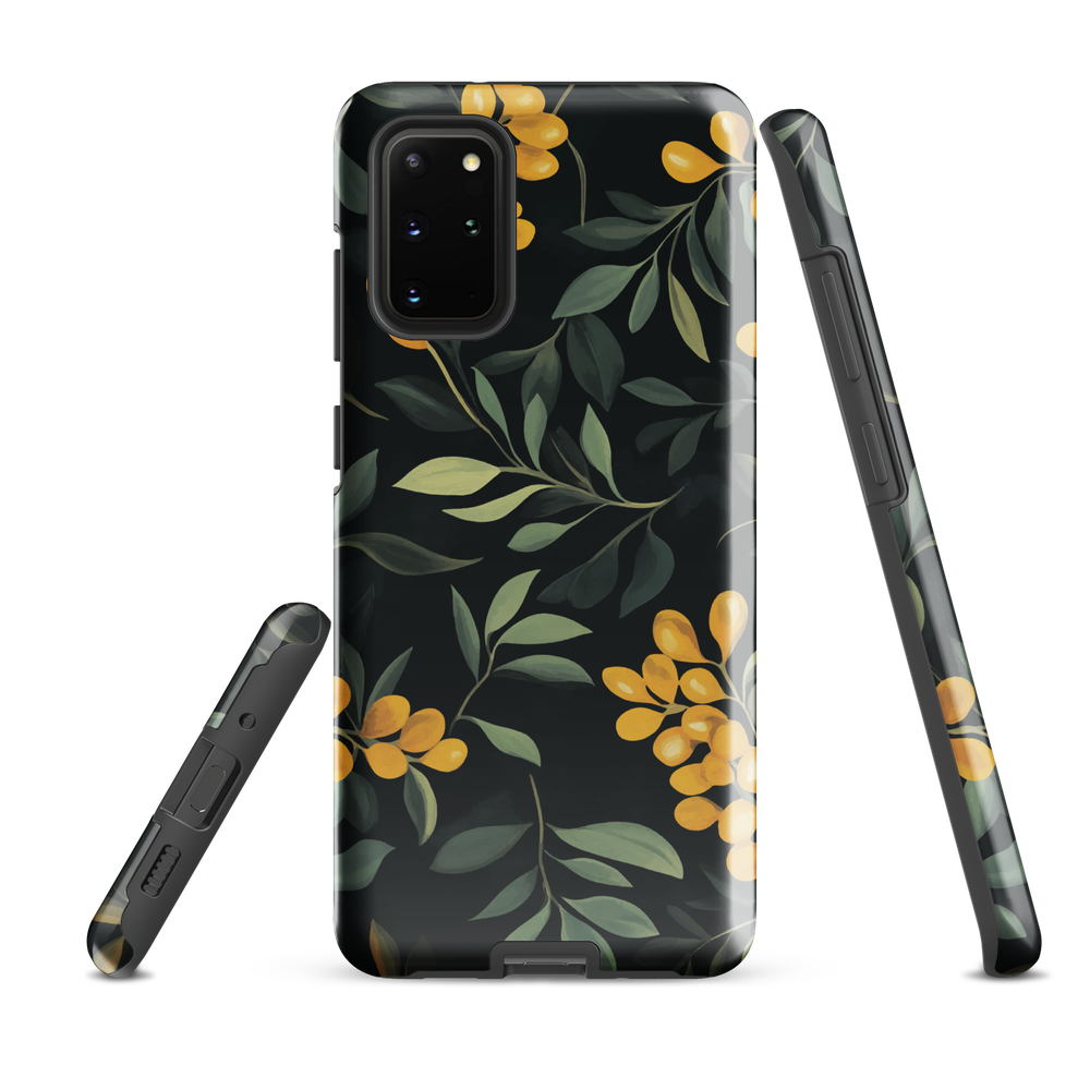 NZ Kowhai phone case with native yellow floral and green leaves on black background by designer Ben Hart.