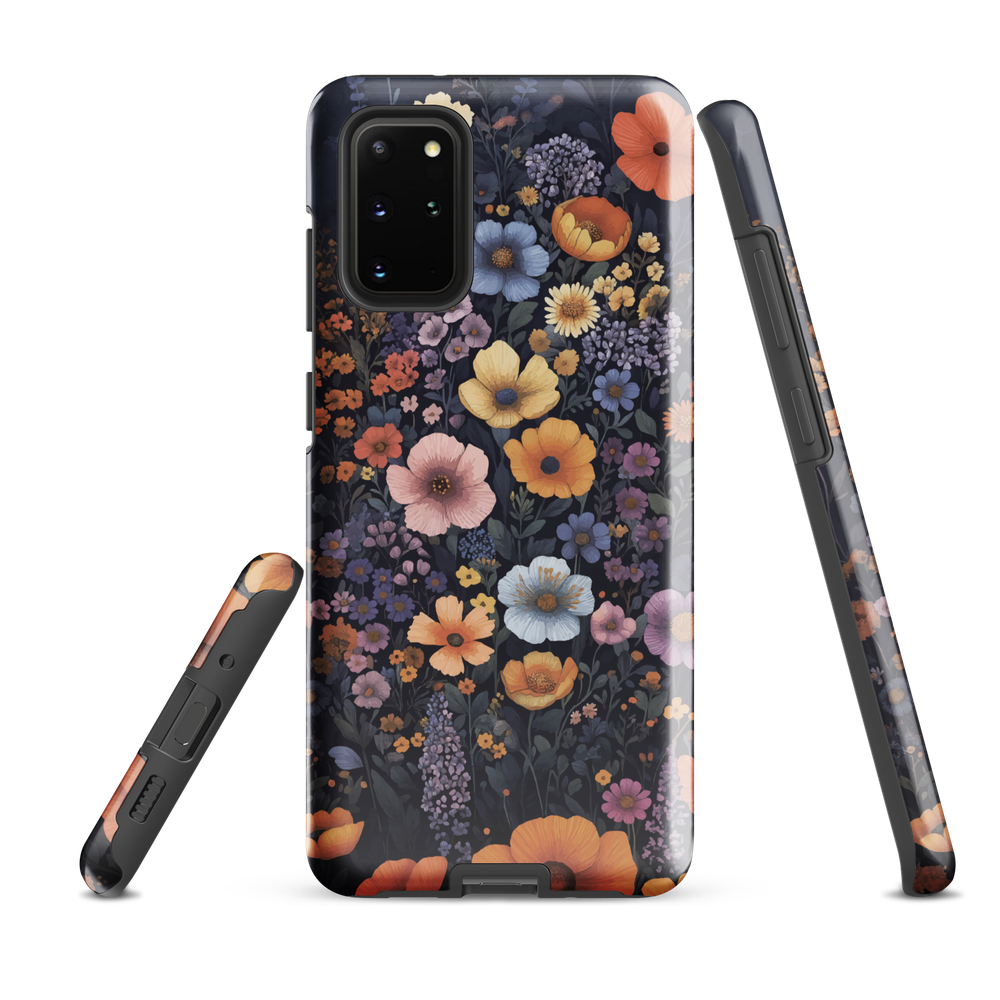 Phone case with colourful wildflowers on dark background, floral art design