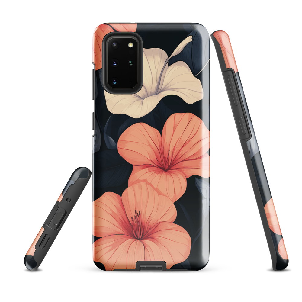 Phone case with coral hibiscus flowers and ivory blooms on dark background