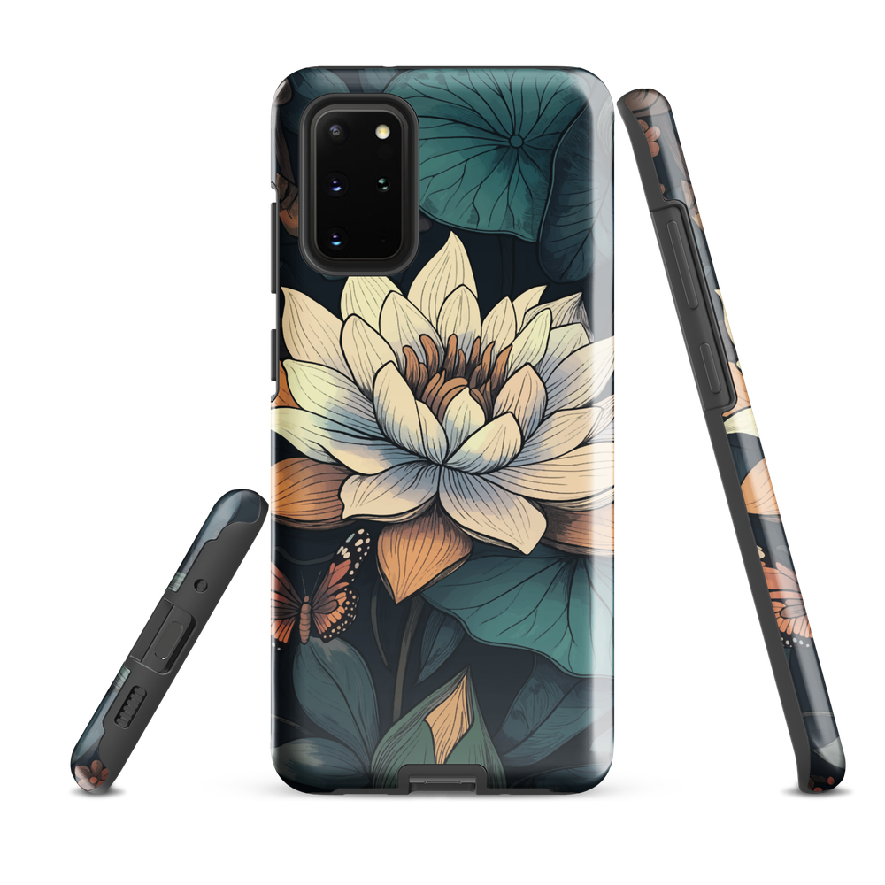 Phone case with ivory water lily, green leaves, and butterfly accents on dark background