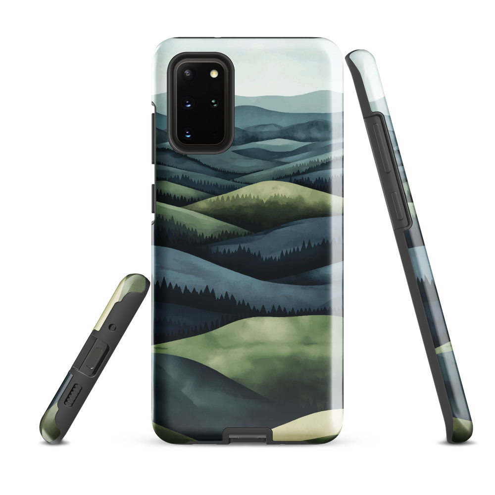 Phone case with layered mountain and forest landscape in blue and green hues