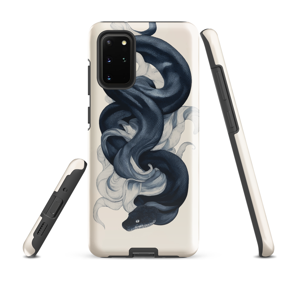 Phone case with black python and smoke design on cream background, serpent art by NZ artist Ben Hart.