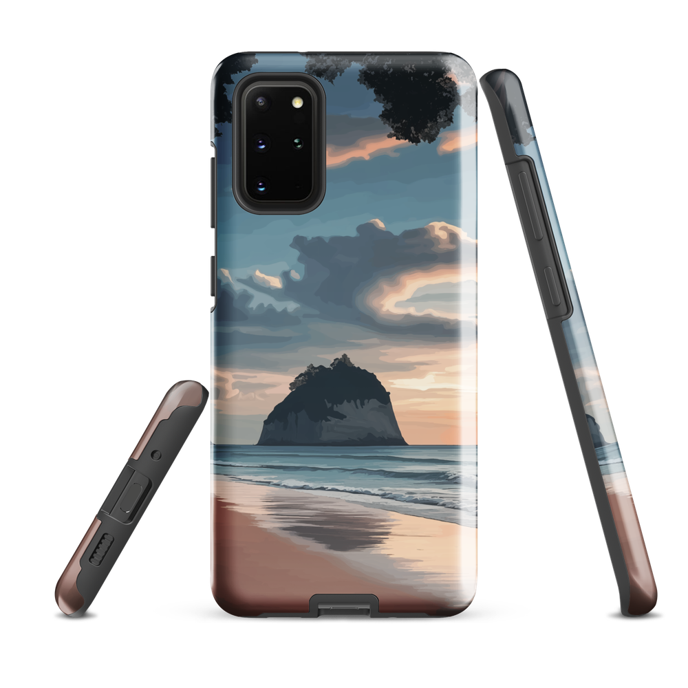 Phone case with Cathedral Cove beach and sunset scene, featuring soft skies and sea stack, by NZ artist Ben Hart.
