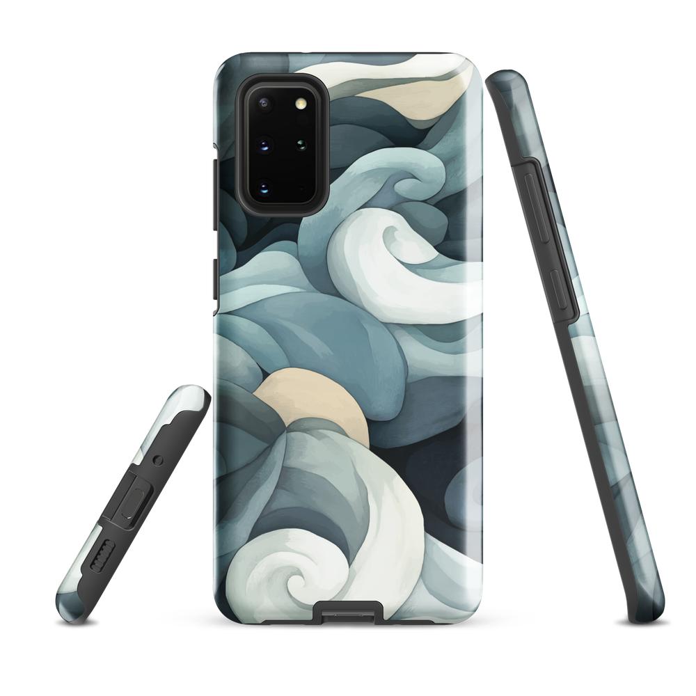 Phone case with abstract swirling ocean waves in blue and cream