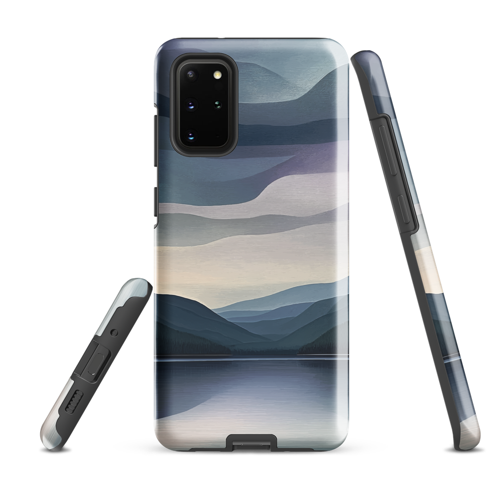Phone case with moody blue and purple layered mountain and lake landscape artwork