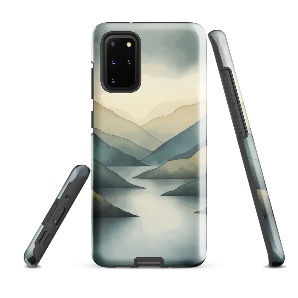 Phone case with soft mountain and valley design in misty green, blue, and golden tones
