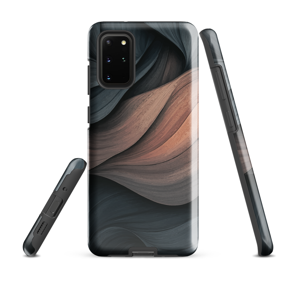 Phone case with flowing abstract design in black, copper and charcoal tones, inspired by dusk shadows