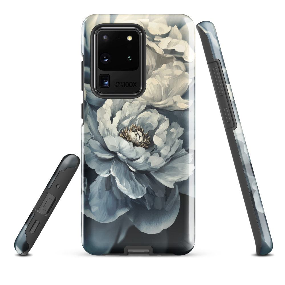 'Whisper' Samsung case features a stunning close-up of softly painted peony blooms in dreamy shades of ivory, grey, and smoky blue.
