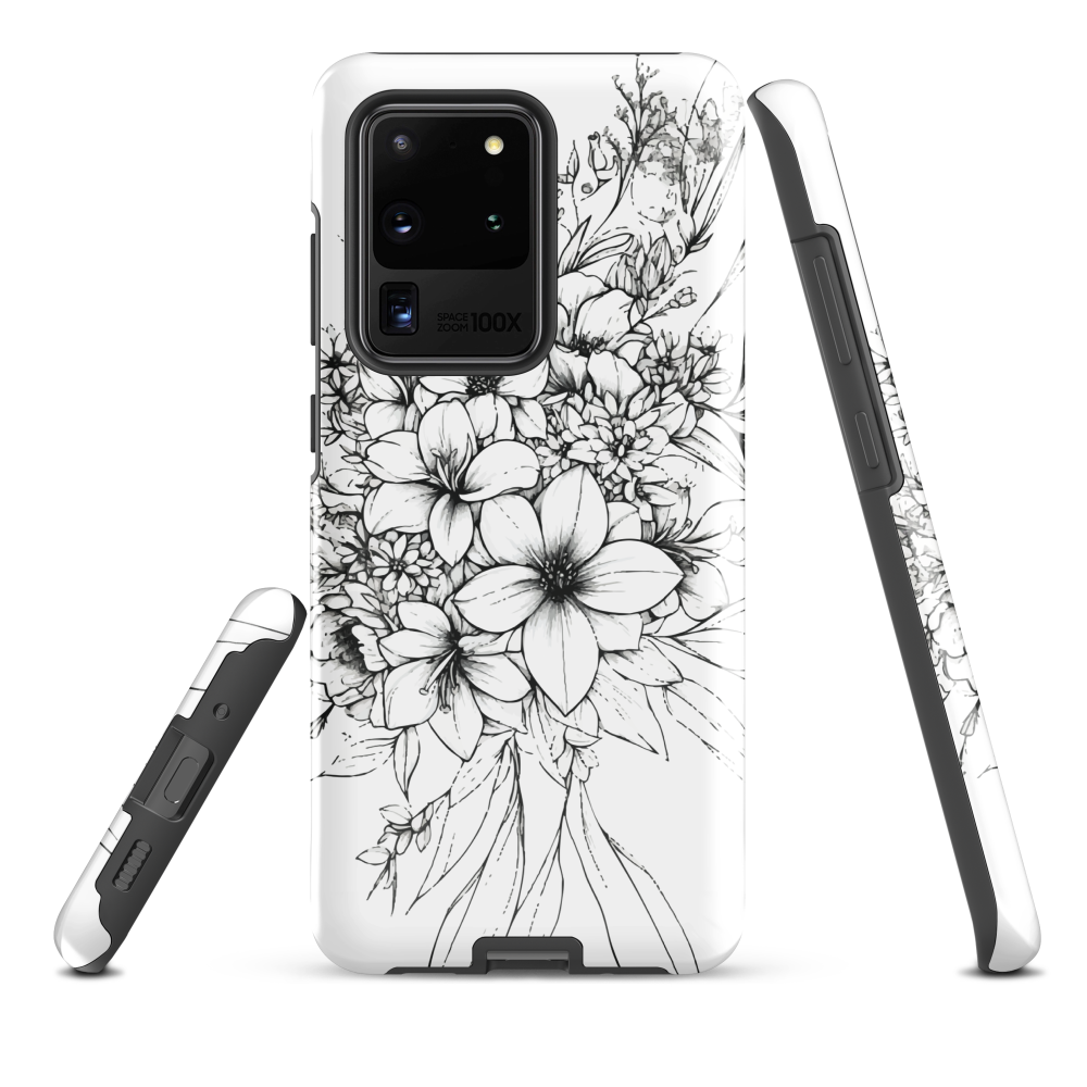 Black and white floral phone case with hand-drawn lilies and wildflowers