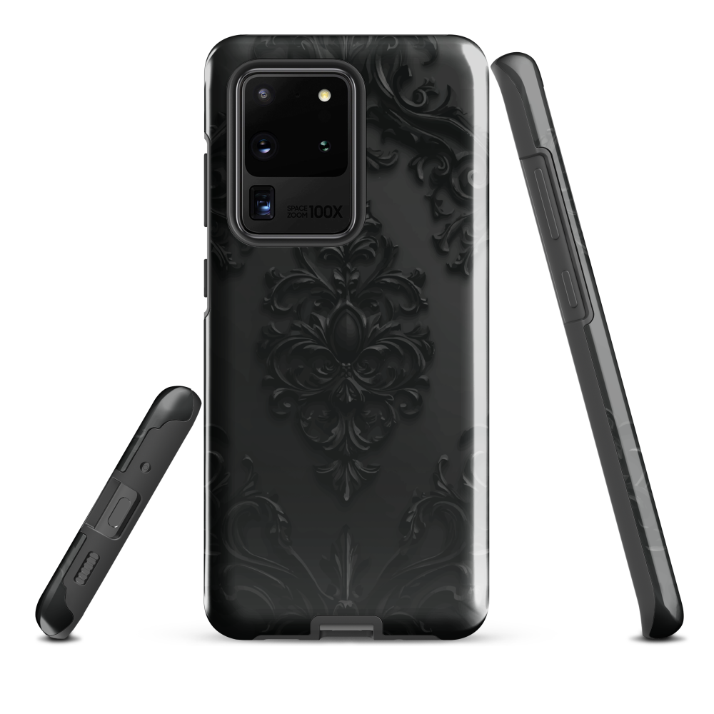 Black embossed damask phone case with gothic baroque pattern.