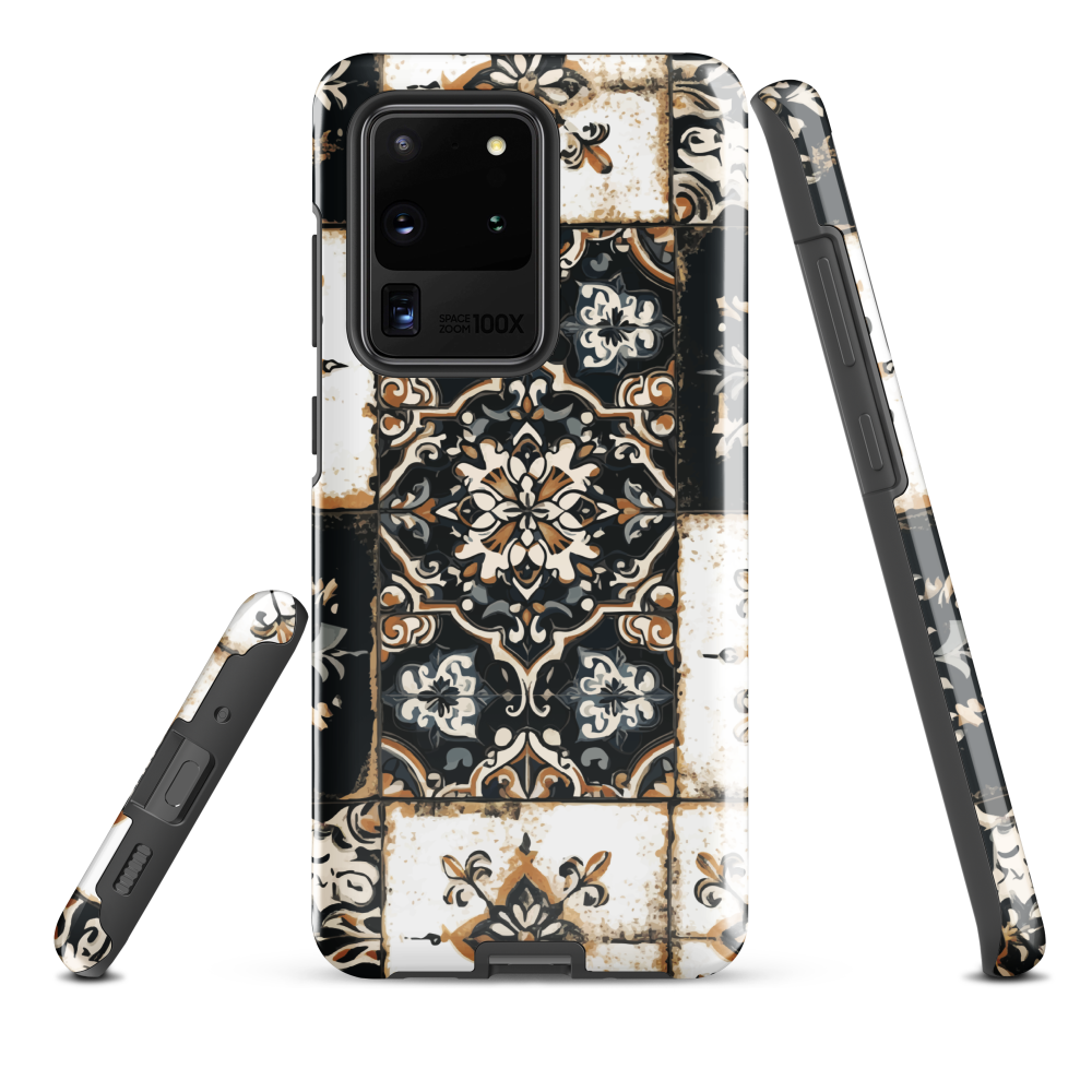 Moroccan tile pattern phone case in black, white, and gold tones with vintage-inspired design.