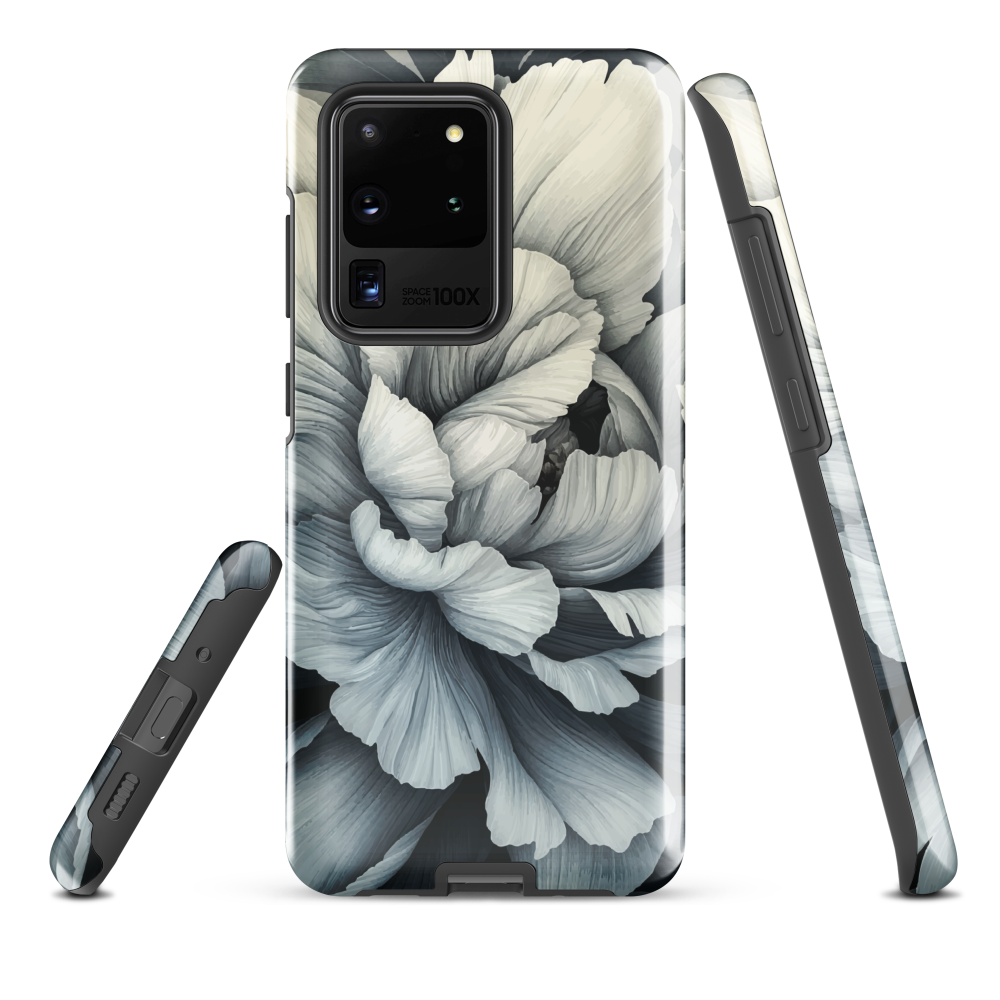 Black and white floral phone case featuring a soft, moody peony design by New Zealand artist Ben Hart.