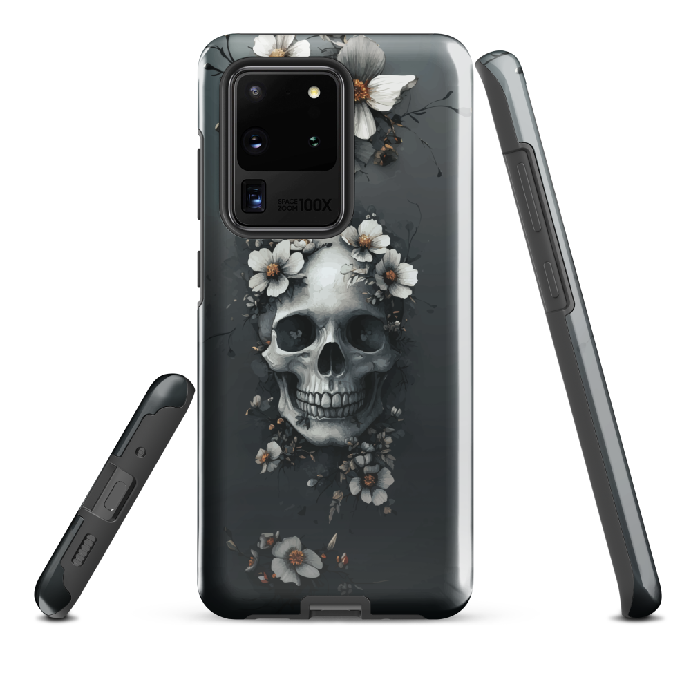 Gothic phone case with a floral skull design in grey tones, featuring white blossoms and dark detailing.