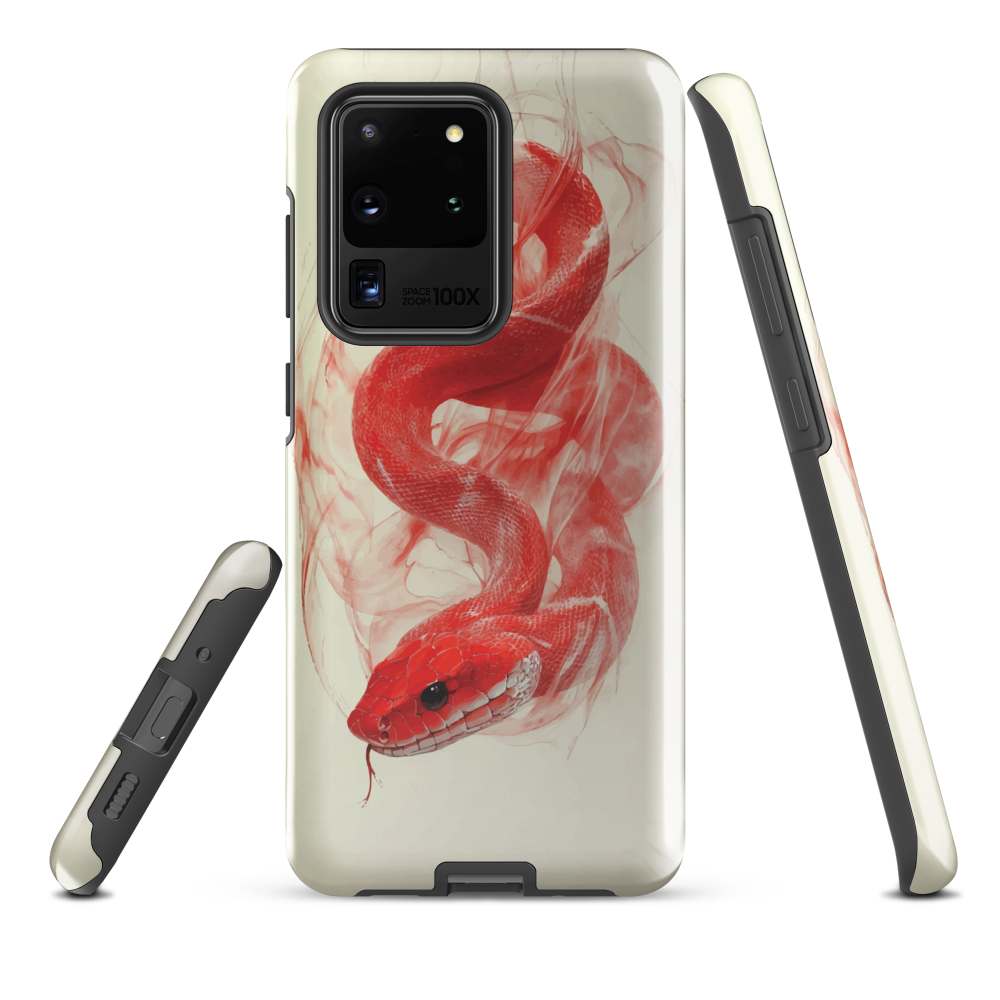 Phone case with red snake design on a cream background, coiled in smoky detail. Bold artwork by NZ designer Ben Hart.