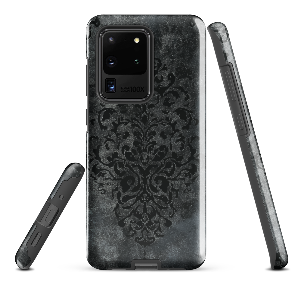 Dark damask patterned phone case with a vintage gothic aesthetic and textured stone background.