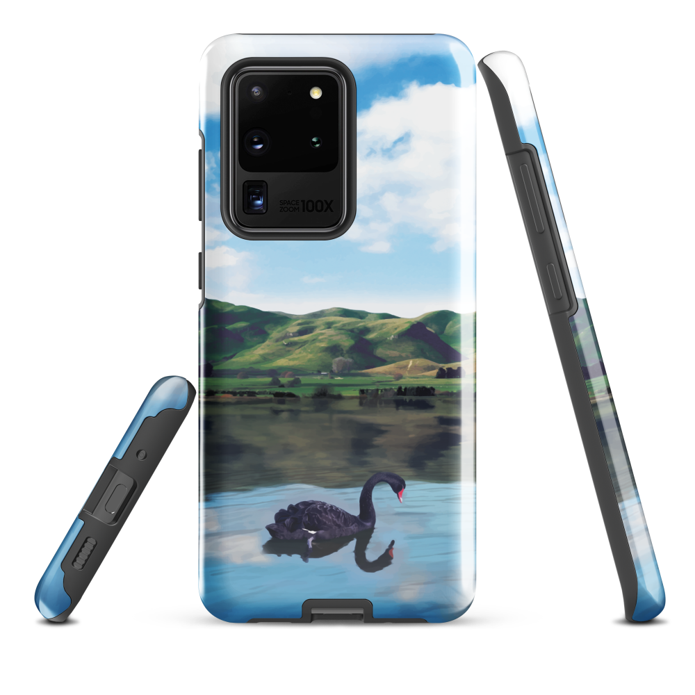 Phone case with a black swan on a calm lake, New Zealand hills in the background. Art by NZ designer Ben Hart.
