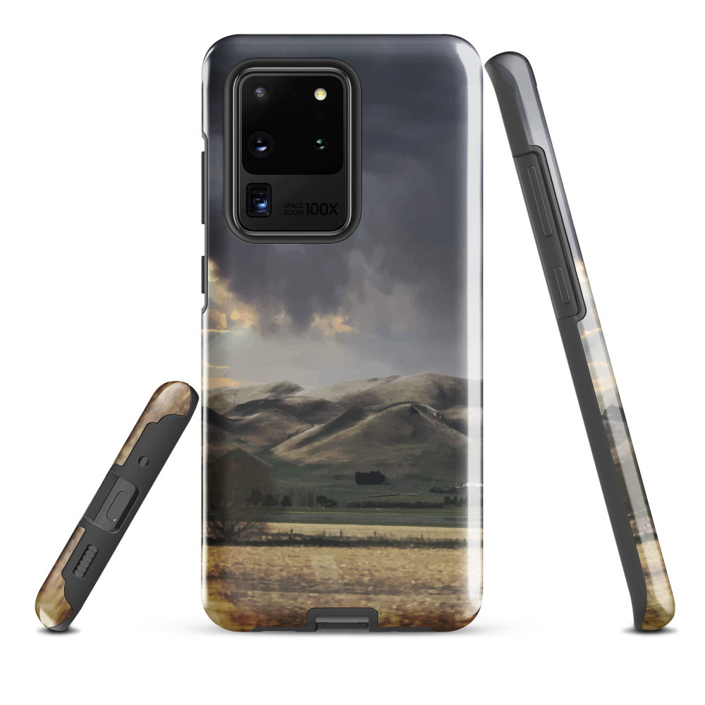 Designer phone case with NZ landscape painting of Te Hauke and cloudy skies by Ben Hart.