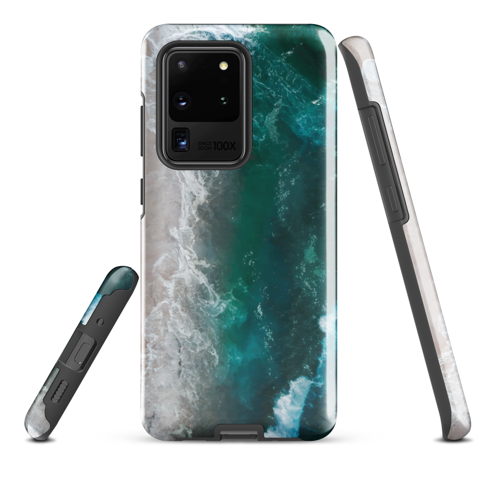 Ocean wave phone case with abstract beach design in teal and white, by NZ artist Ben Hart.