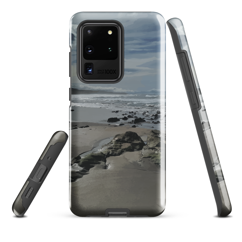 Phone case with artwork of Riversdale Beach, Masterton – rocks, waves and sky by NZ artist Ben Hart.
