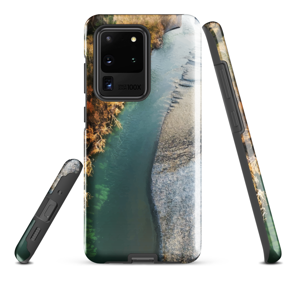 Phone case with aerial riverbend artwork and earthy tones, designed by New Zealand artist Ben Hart.
