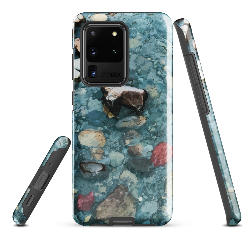 Washed Away designer phone case with abstract river stone artwork in earthy blues and natural tones.
