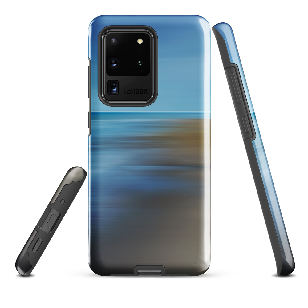 Ocean Breeze phone case with abstract blue and sandy tones inspired by sea and sky.