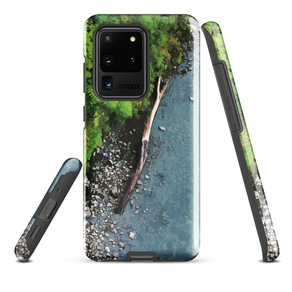 Resting Place phone case with aerial artwork of river rocks, green bush, and driftwood in a New Zealand stream.