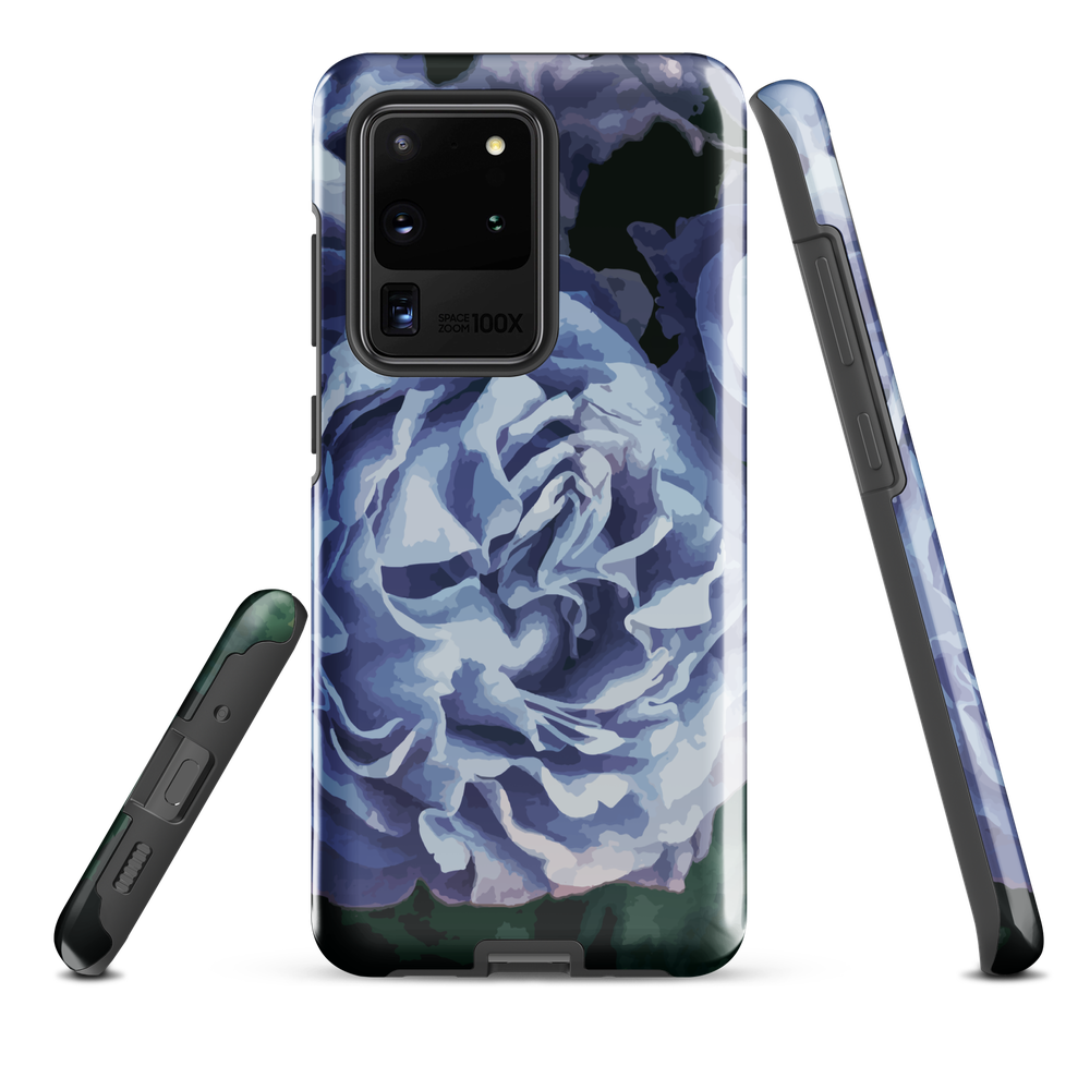 Designer phone case with a bold blue rose artwork and glossy finish.