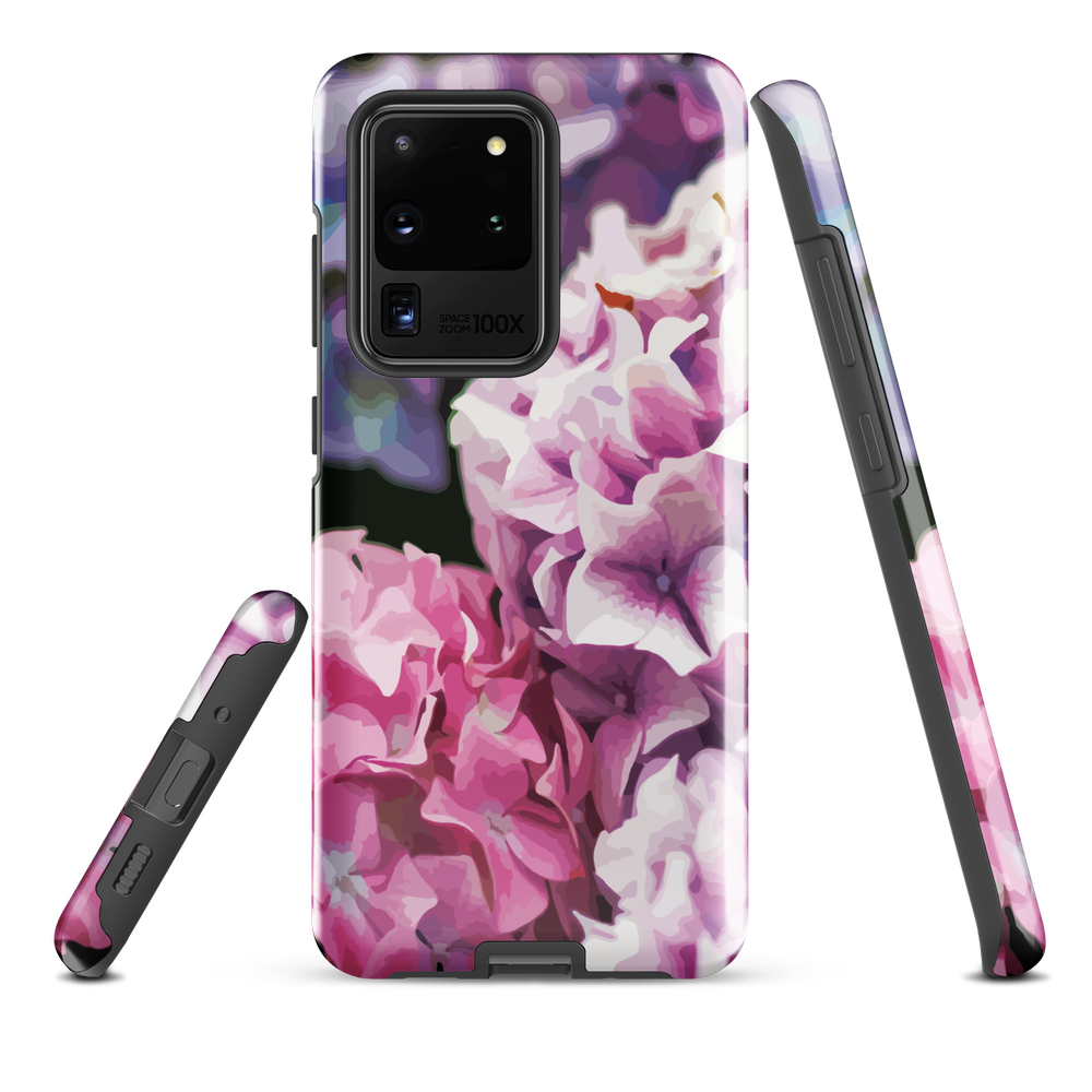 Designer phone case with pink and purple hydrangea floral artwork.